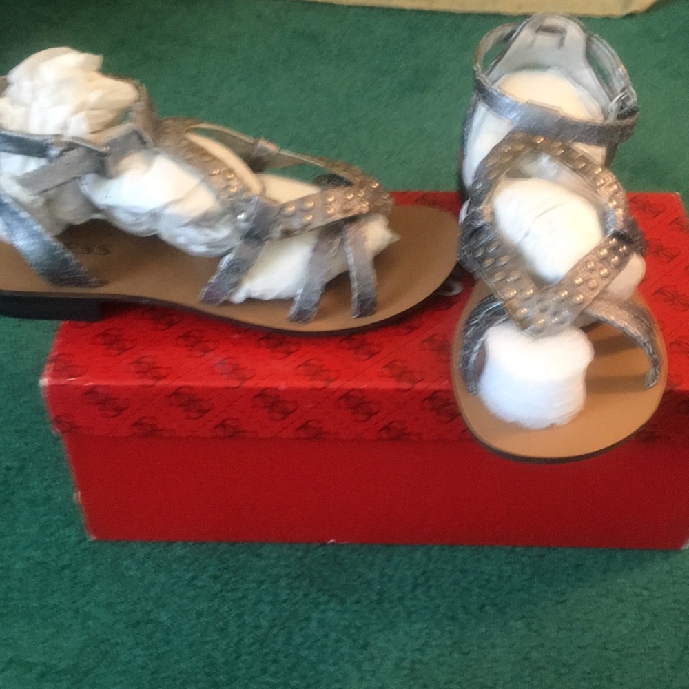 Guess Flat Distressed Silver Gray Studded Sandals